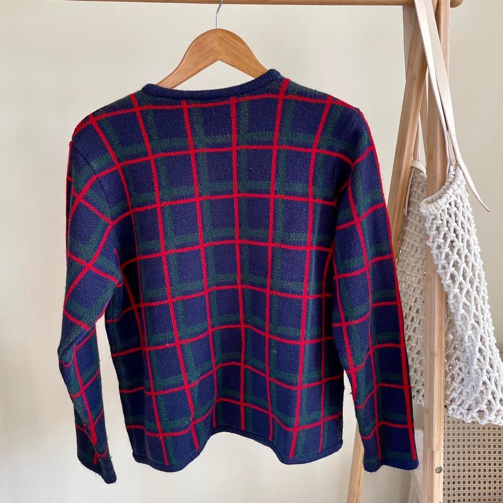Vintage Plaid Gold Button Cardigan Sweater in Navy/Red/Green - Picture 4 of 4